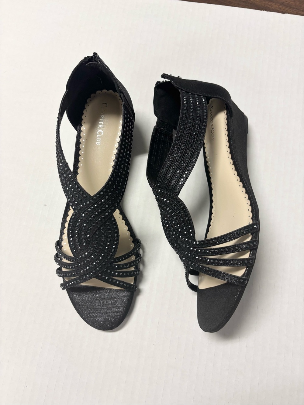 Charter Club Black Rhinestone Crisscross Wedge Heels